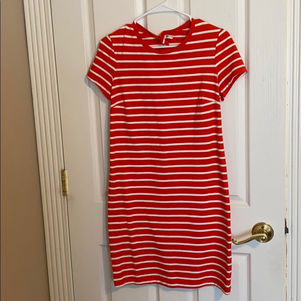 Orange and white striped dress mid length